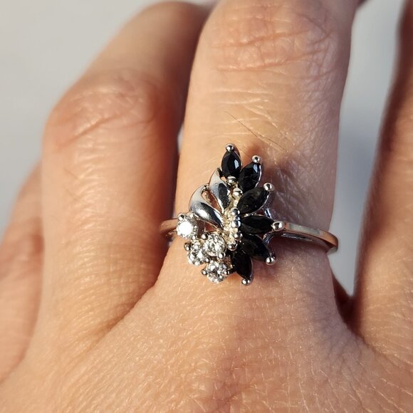 VTG Classic 925 Silver Natural Sapphire CZ Cluster Flower Ring Sz 7 & 10 - Picture 8 of 11